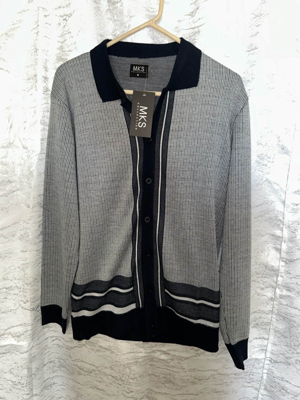 MKS Men's Gray Knit Cardigan with Black Trim